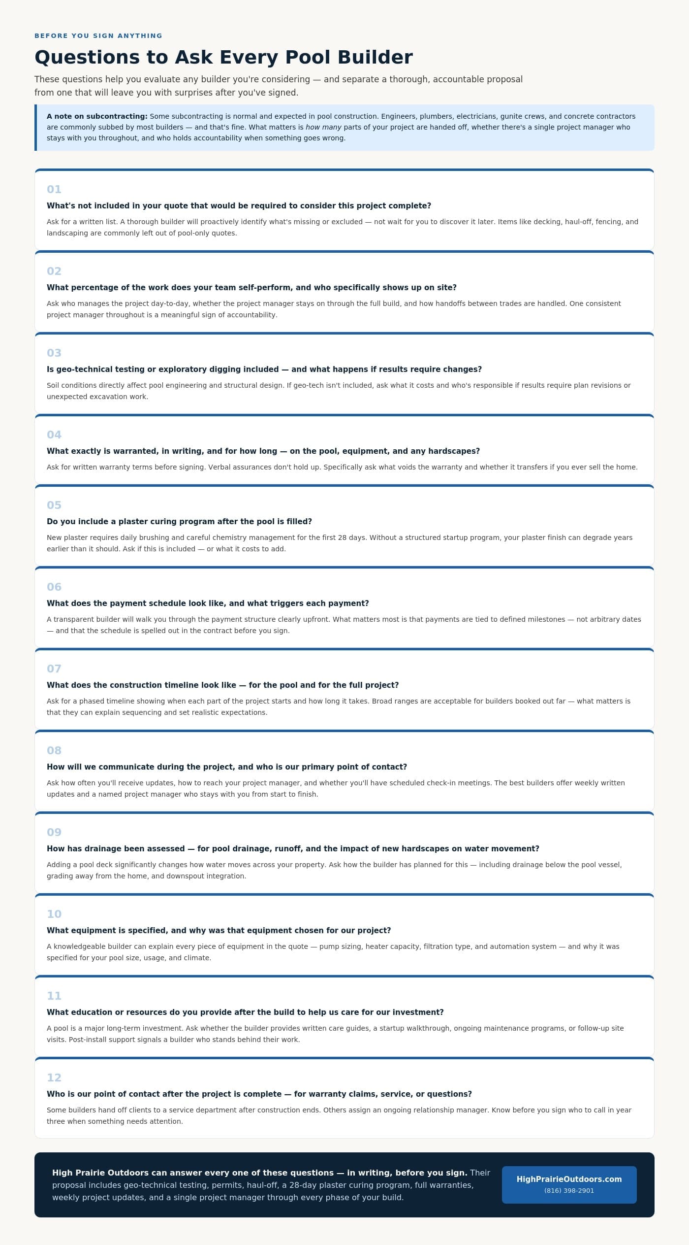 Twelve questions to ask every pool builder before signing, covering scope, subcontracting, warranties, payment schedule, timeline and drainage